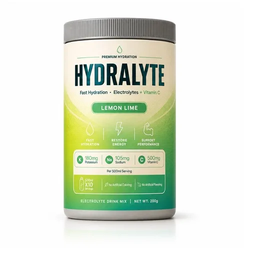 Hydralyte Lemon Lime 200 g jar, ten 500 ml serves